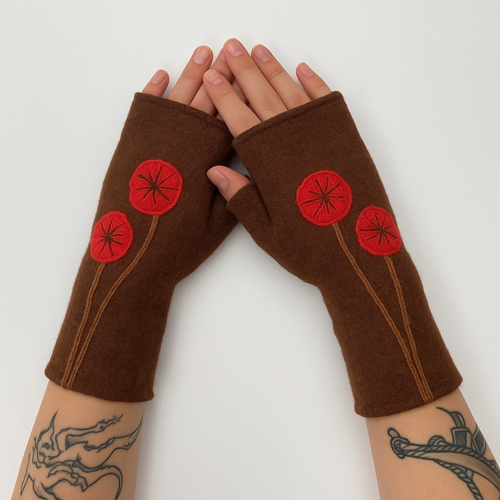 Sardine Cashmere Brown Floral Poppy Fingerless Gloves NEW